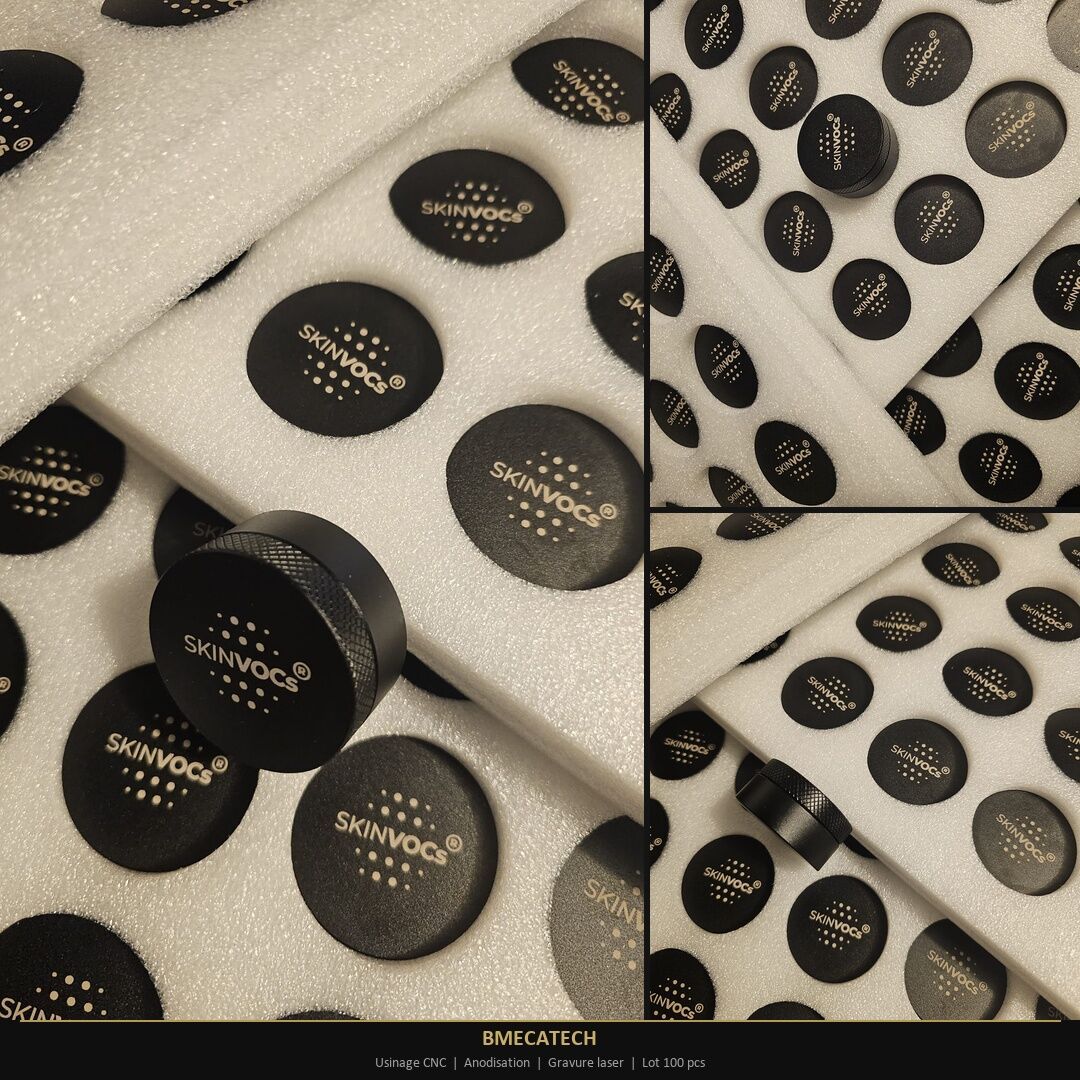 Gravure laser sur pièces aluminium anodisé noir SKINVOCS - BMECATECH