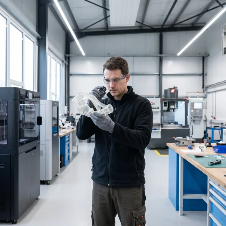 Ingenieur examinant une piece prototype imprimee en 3D en atelier