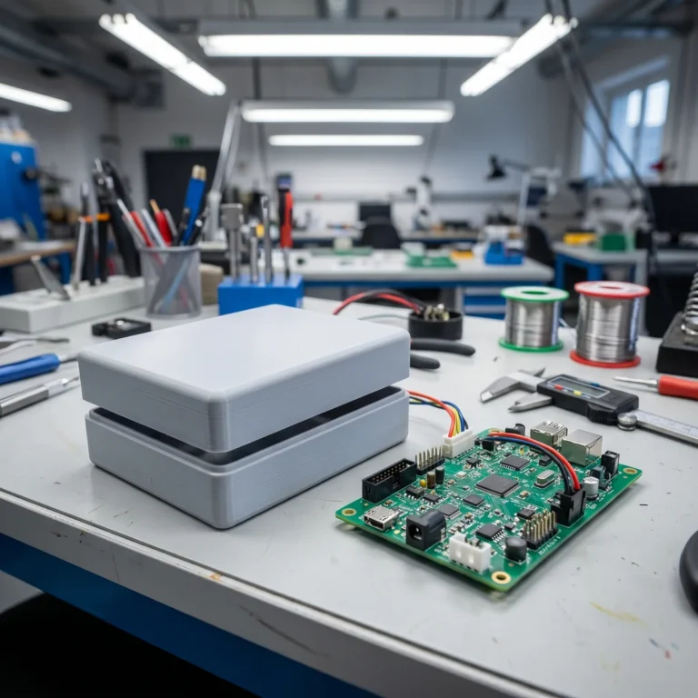 Boitier electronique prototype et carte sur un etabli d'ingenierie